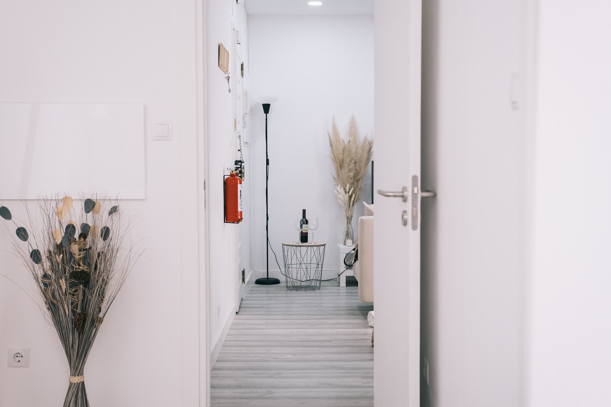 A bright, open hallway leading into a calm, minimally furnished living space