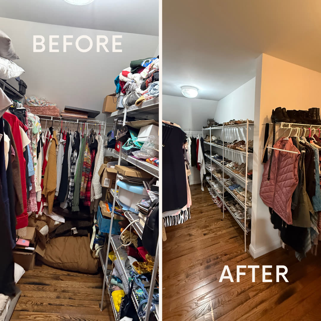 Before and after comparison of a walk-in closet: clothes piled on the floor on the left, the same closet organized with clothing on wire shelving on the right