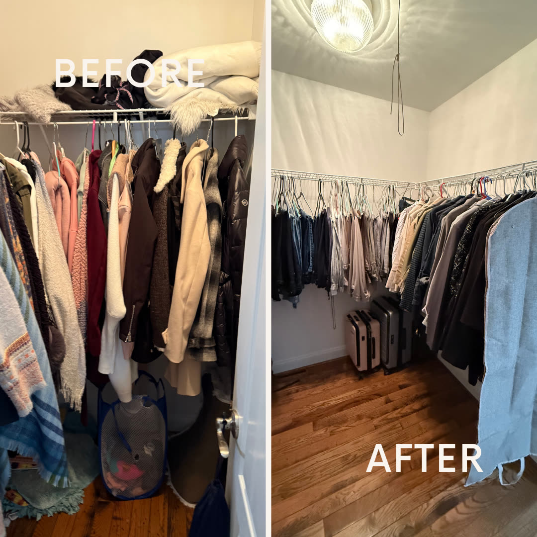 Before and after comparison of a coat closet: coats crowded on a rod above a floor hamper on the left, the same closet with coats on wire shelving and luggage neatly stored on the right