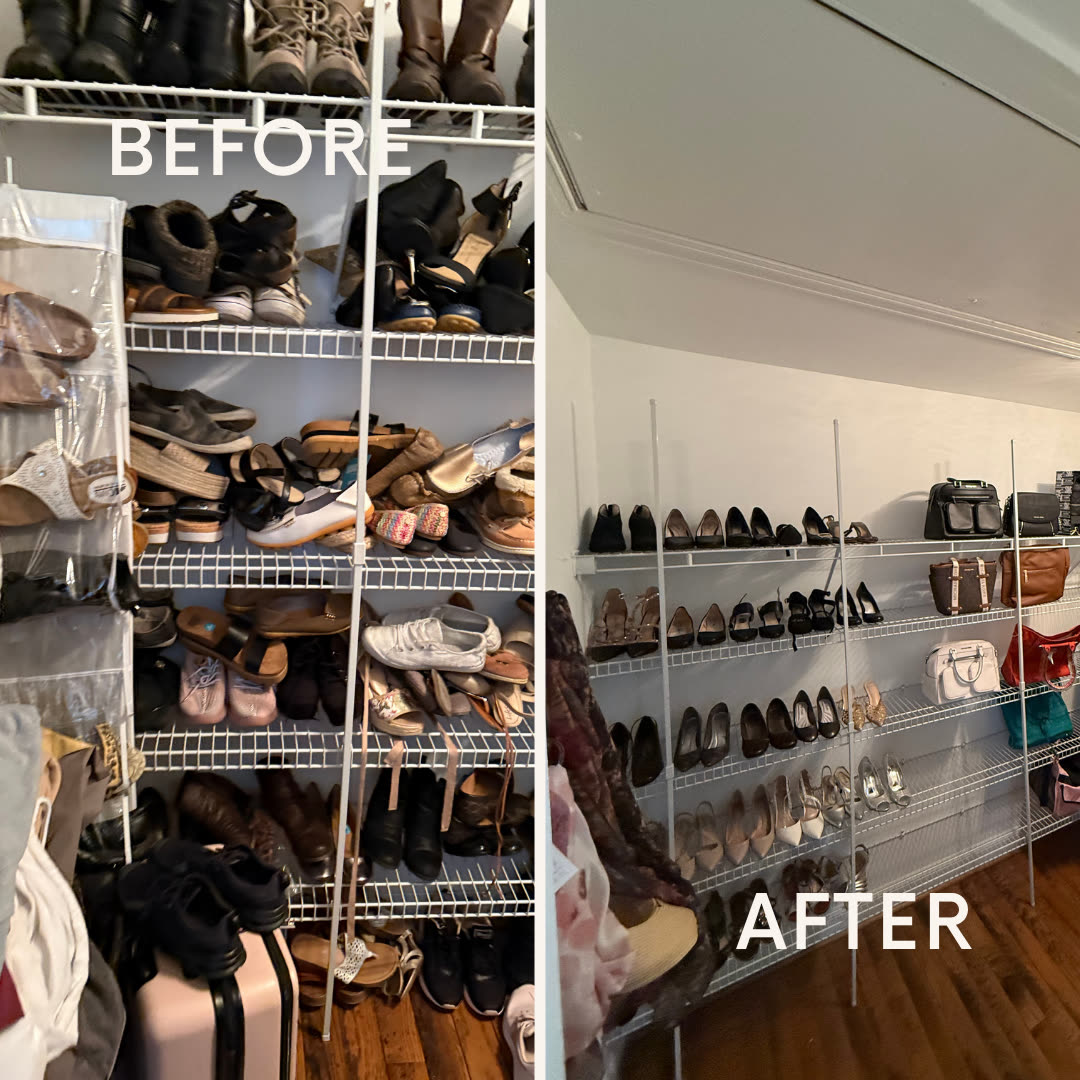 Before and after comparison of a closet's wire shelving: shoes and boots overflowing on the left, the same shelving organized by shoe type on the right