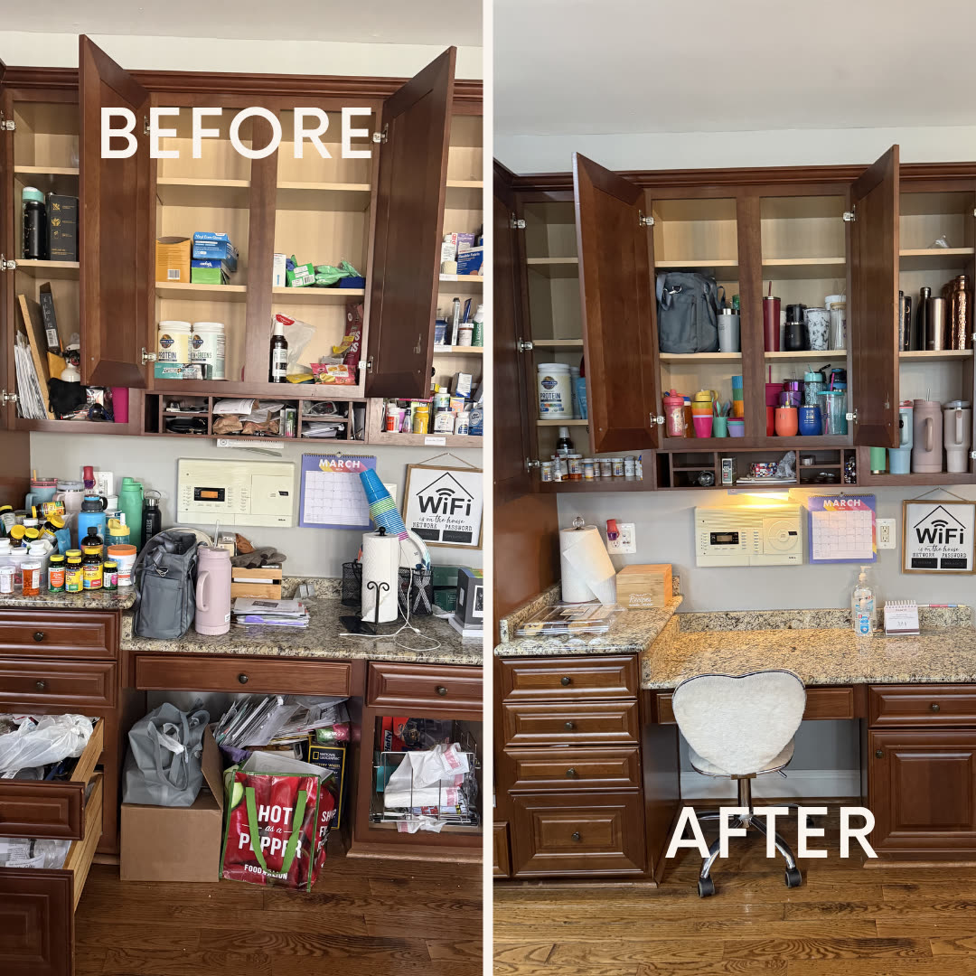Before and after comparison of a kitchen memo area: papers and clutter covering the cabinet and counter on the left, the same space organized with labeled bottles and a clear counter on the right